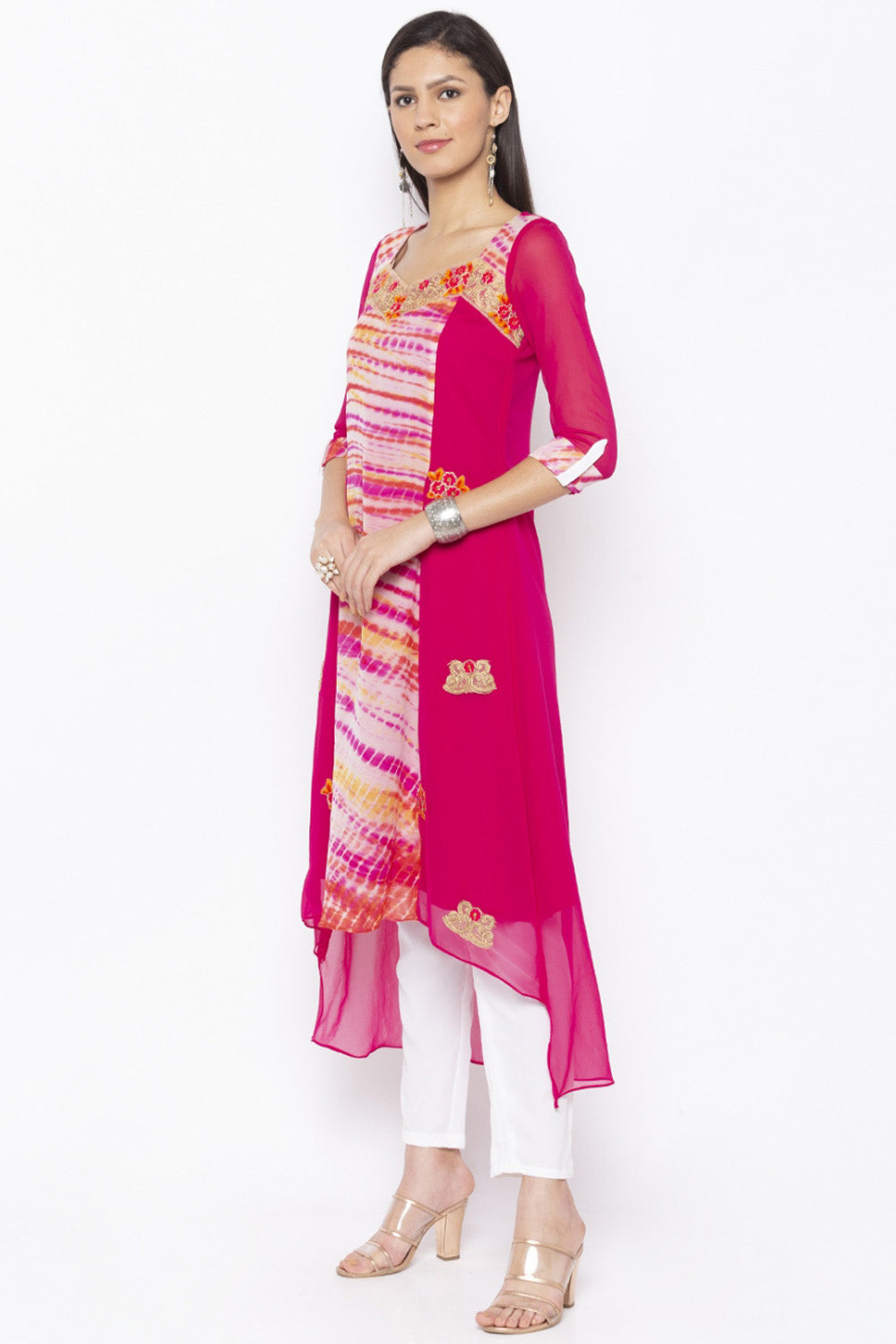 Georgette Asymmetric Kurti Top In Pink