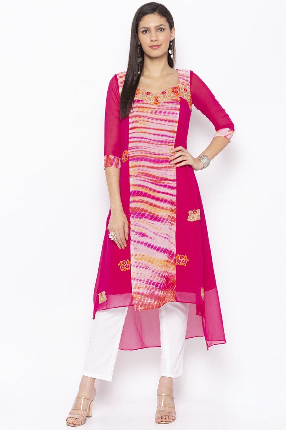 Georgette Asymmetric Kurti Top In Pink