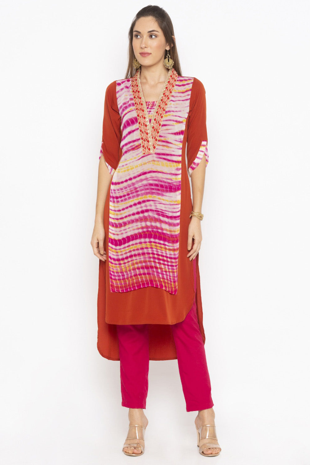 Crepe Asymmetric Kurti In Orange