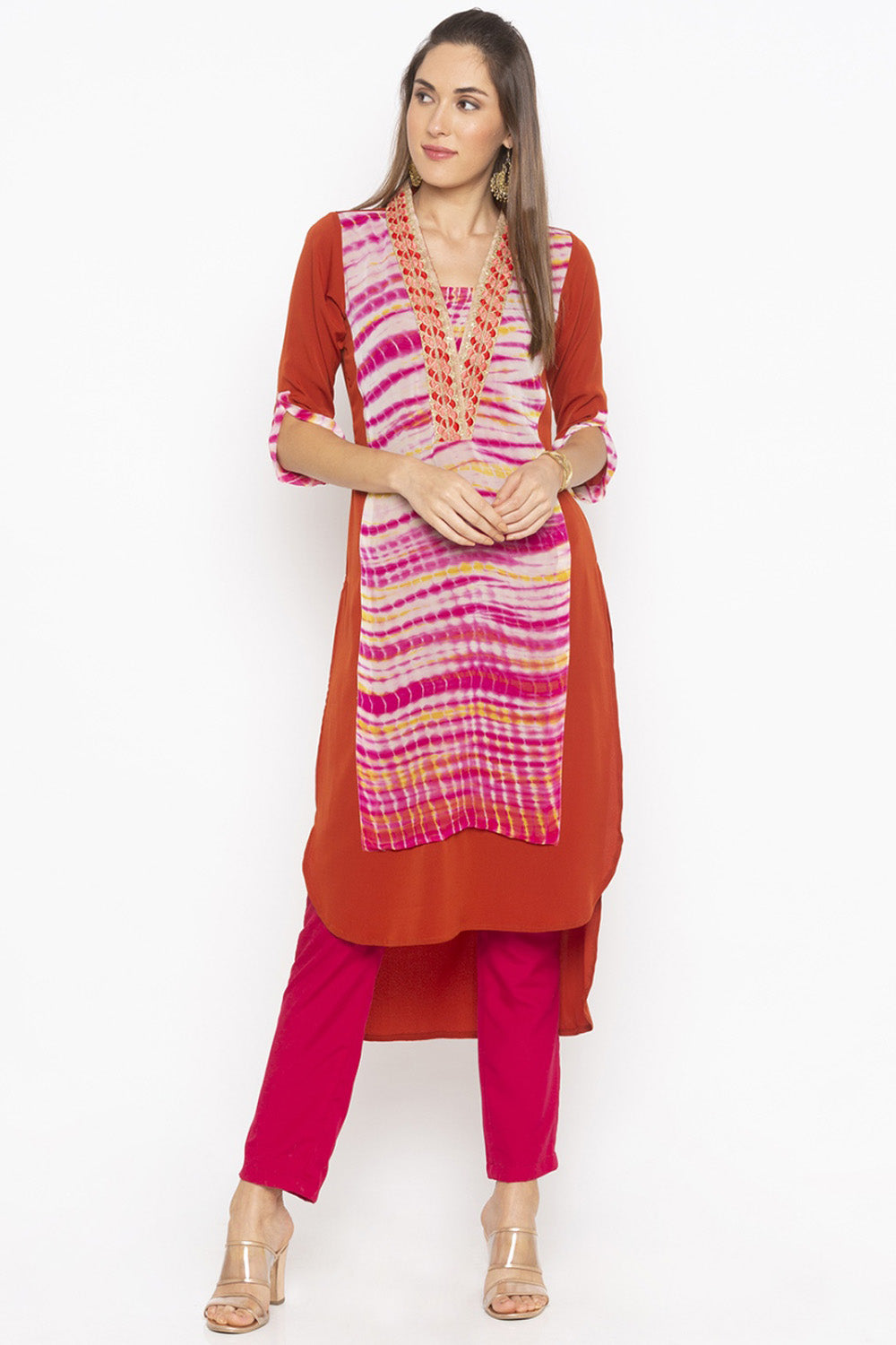 Crepe Asymmetric Kurta Top In Orange