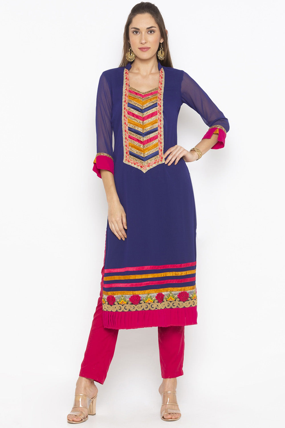 Georgette Straight Kurta Top in Dark Blue - Right Side