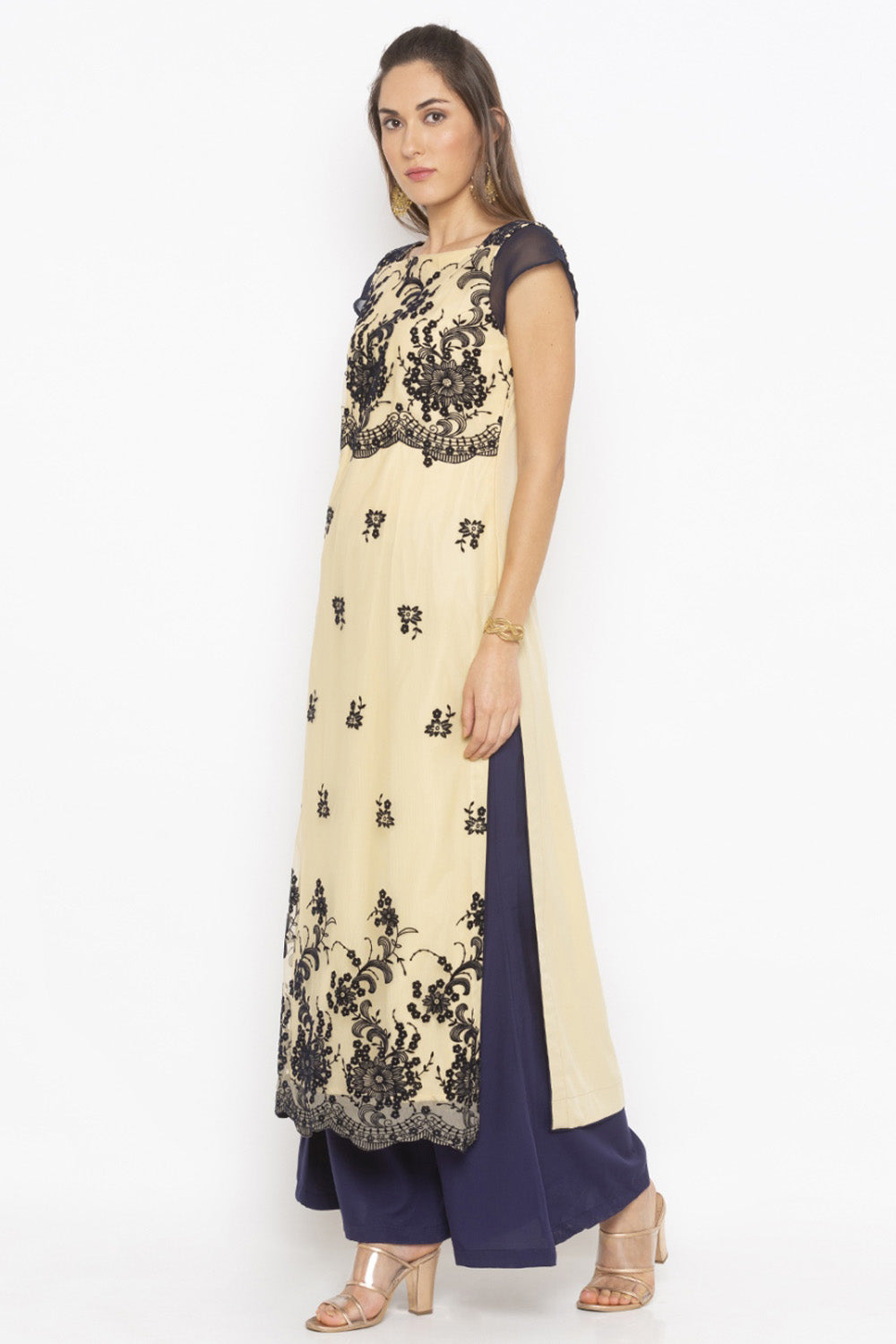 Net Straight Kurta Top In Beige