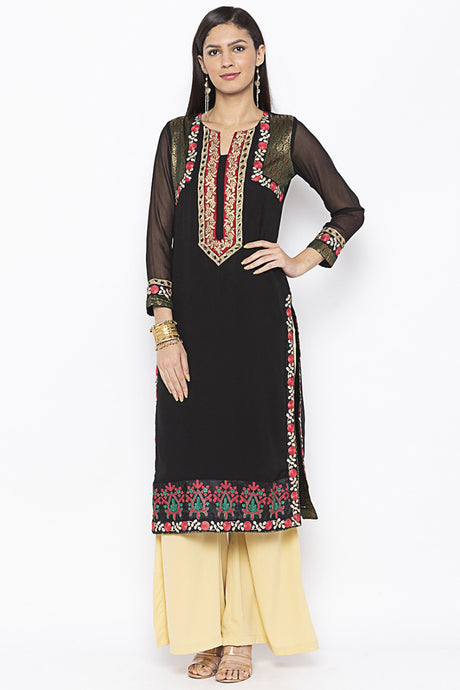 Georgette Straight Kurta Top in Black - Front