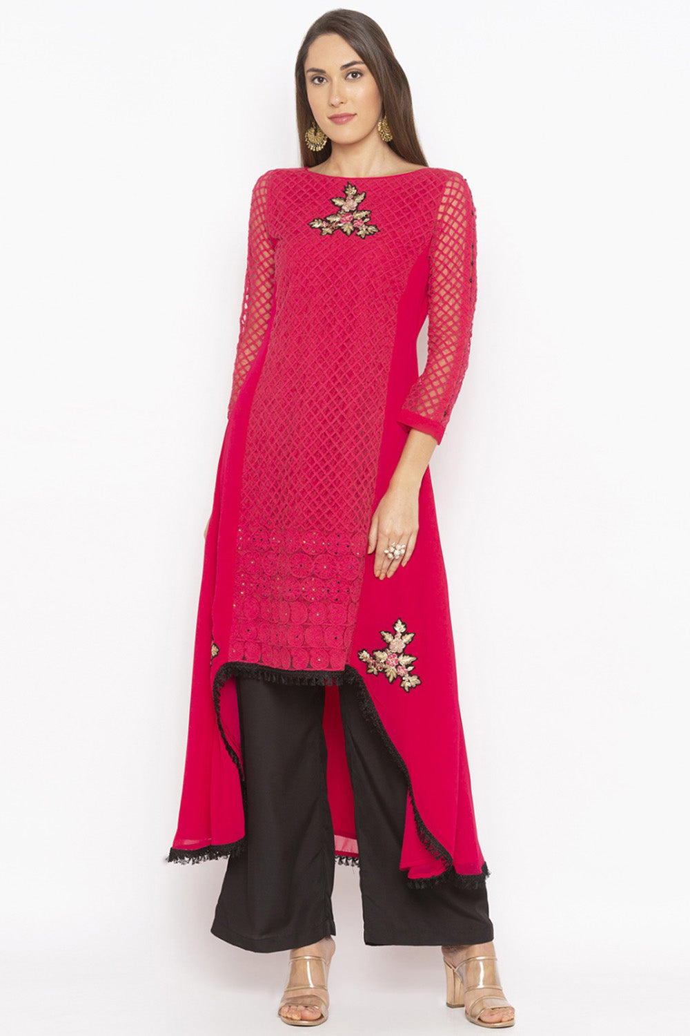 Georgette Asymmetric Kurta Top In Pink