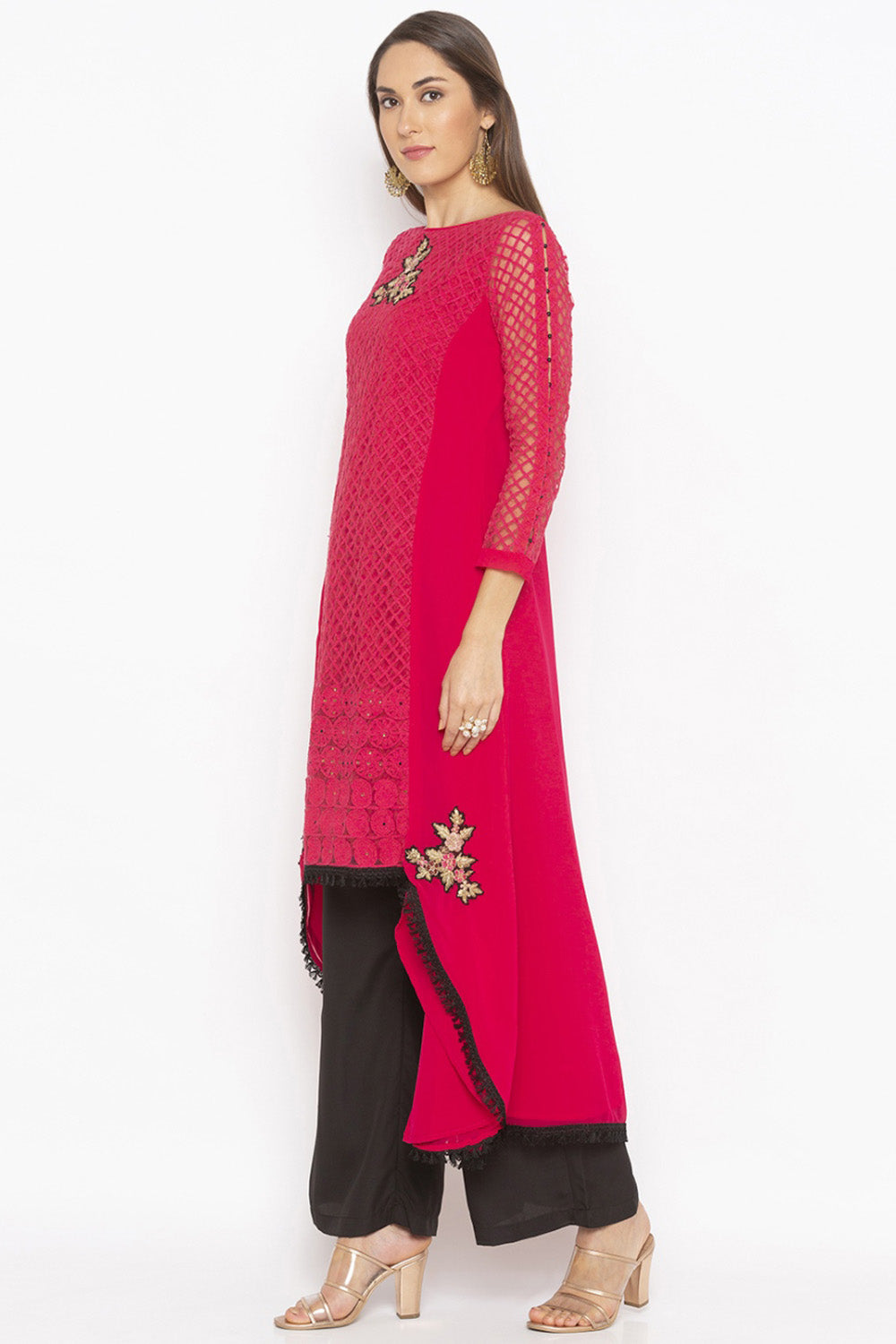 Georgette Asymmetric Kurti Top In Pink