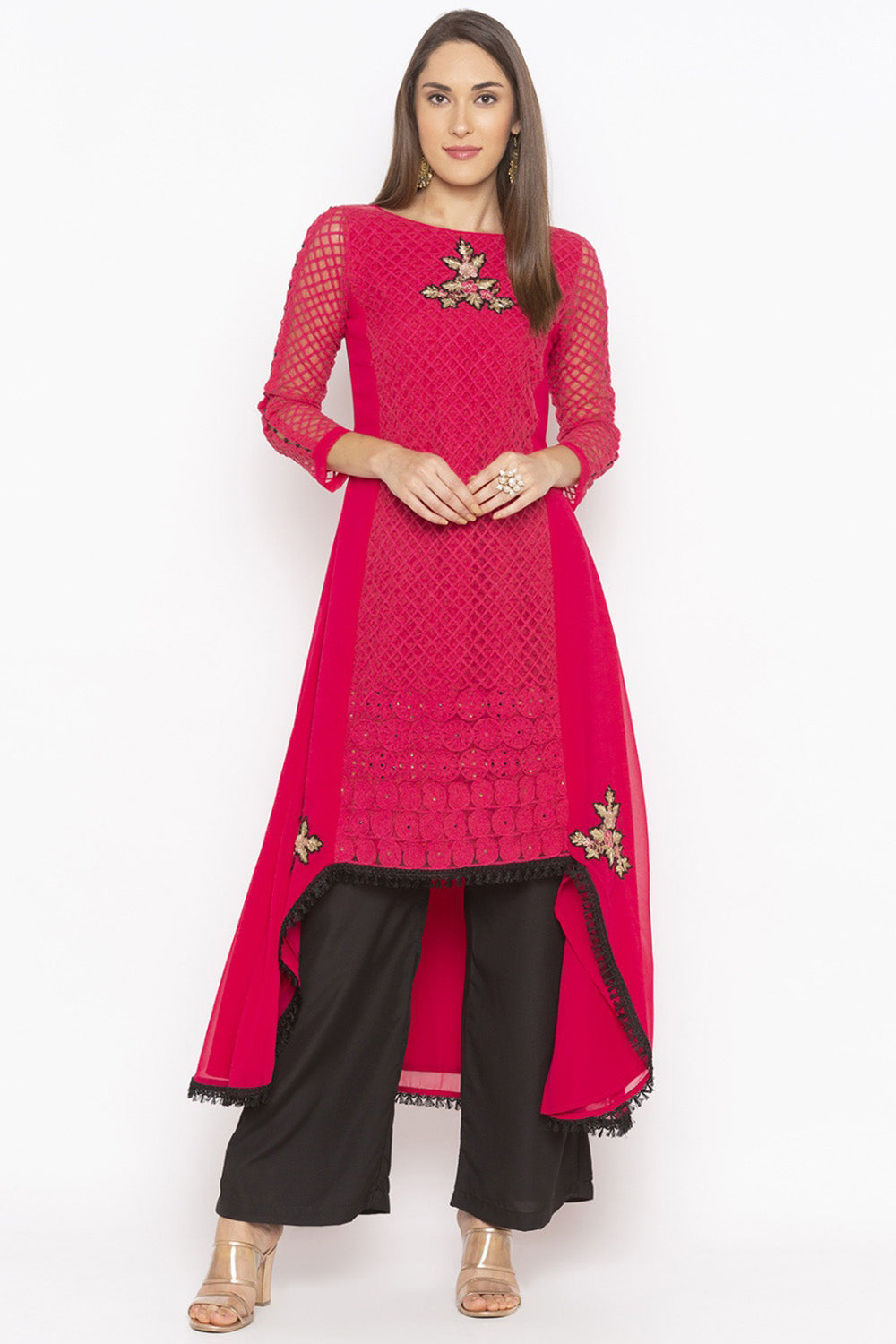 Georgette Asymmetric Kurti Top In Pink