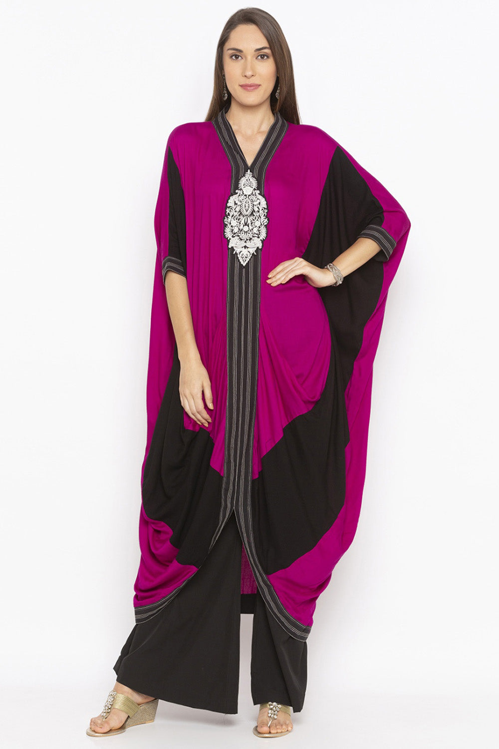 Blended Cotton Kaftan Style Kurta Top In Pink