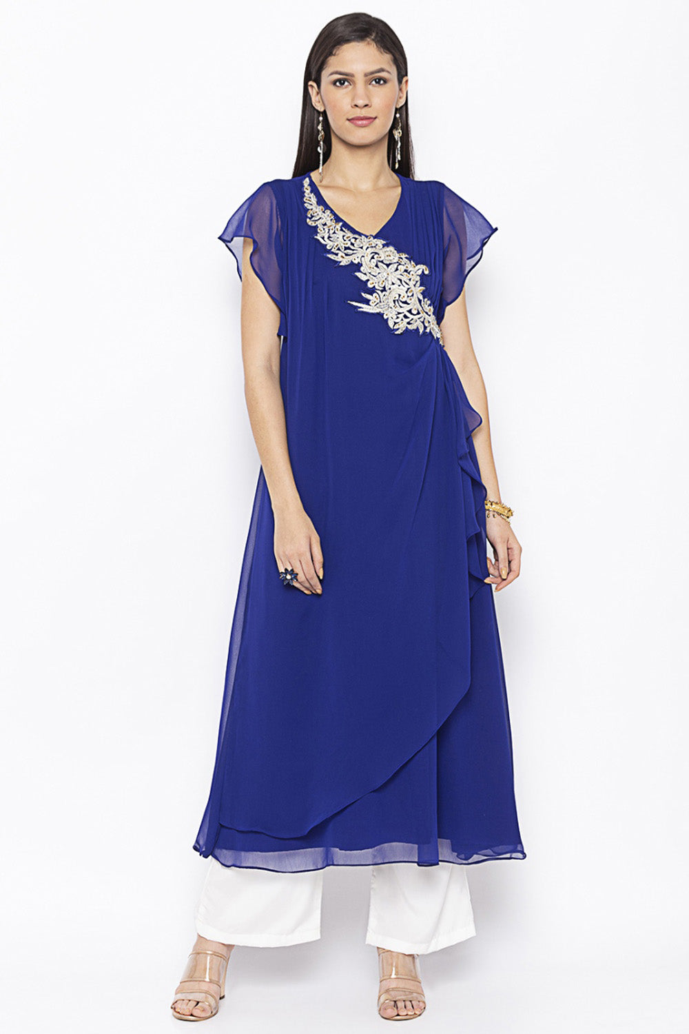 Georgette Asymmetric Kurti Top In Blue