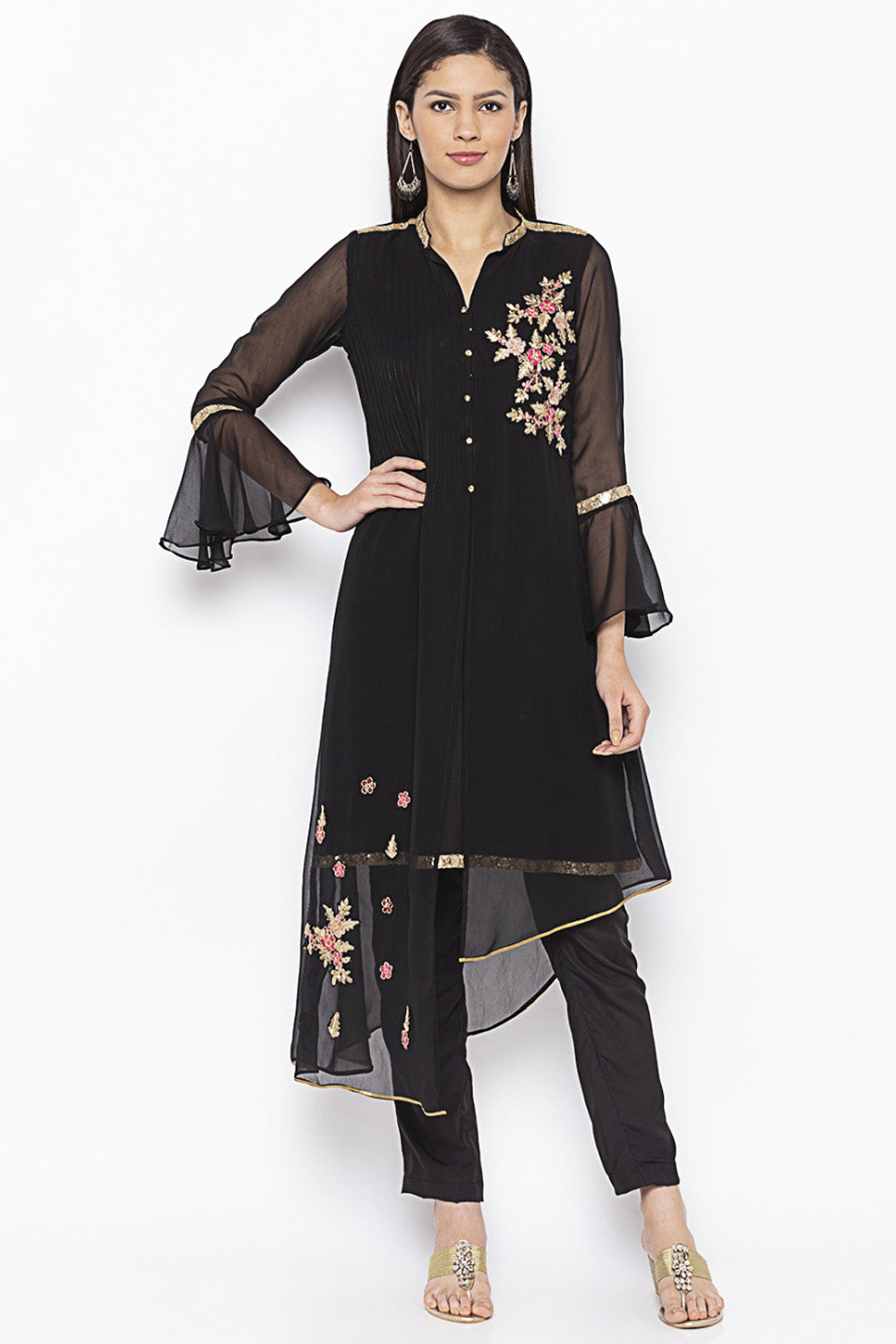 Georgette Asymmetric Kurti Top In Black