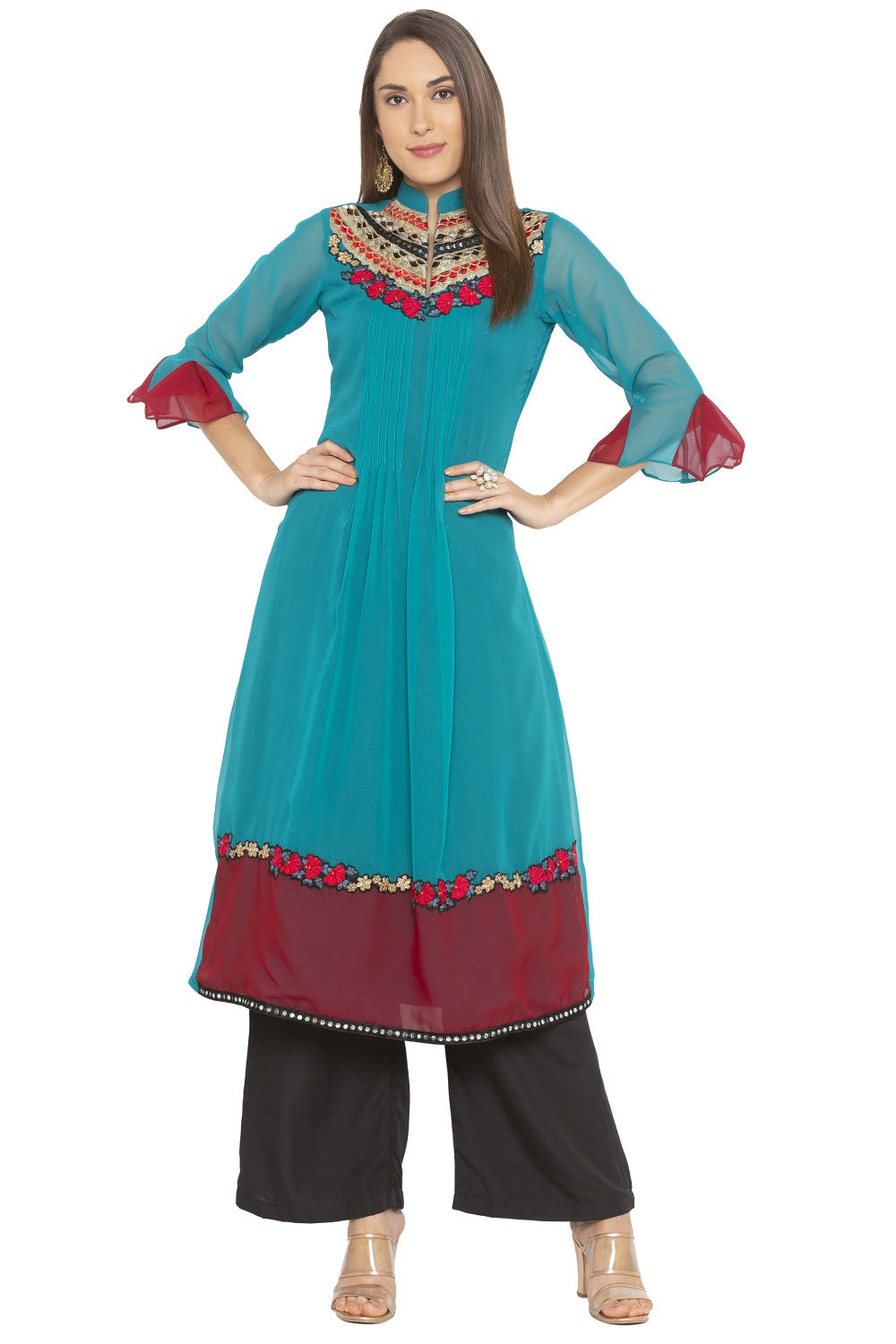 Georgette A Line Kurta Top In Turquoise