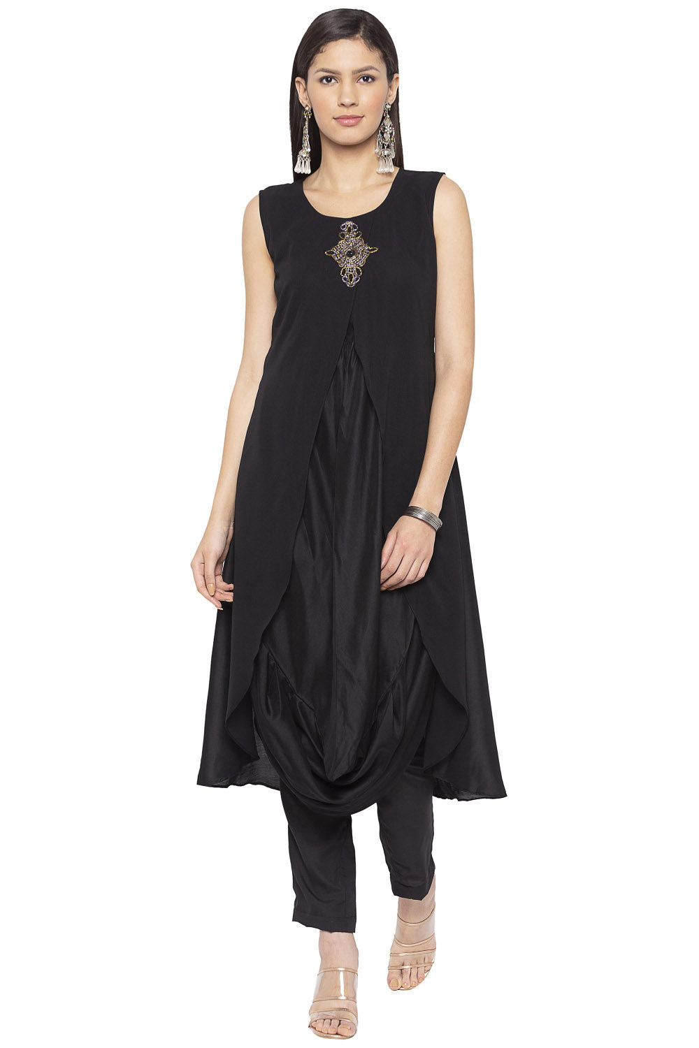 Blended Cotton Asymmetric Kurti In Black