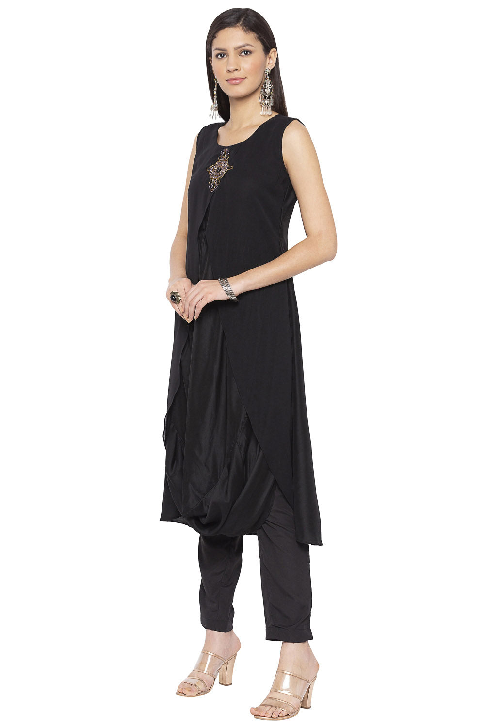 Blended Cotton Asymmetric Kurta Top In Black