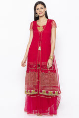 Net Embroidered Kurta Top In Maroon