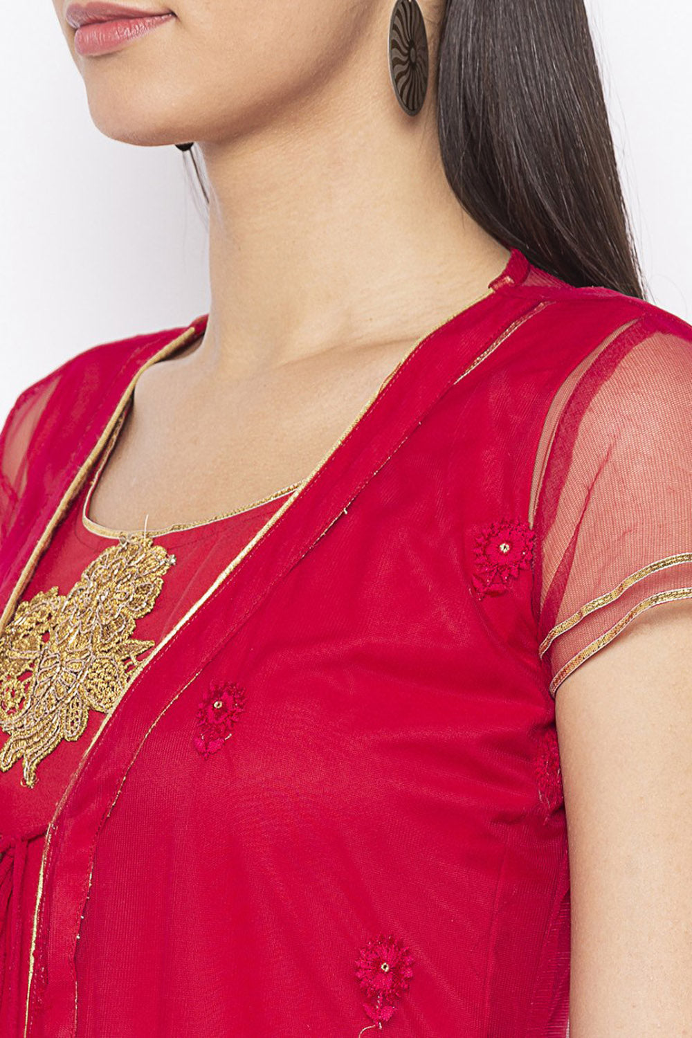 Net Embroidered Kurta Top In Maroon