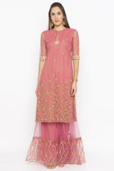 Net Straight Kurta Top In Pink