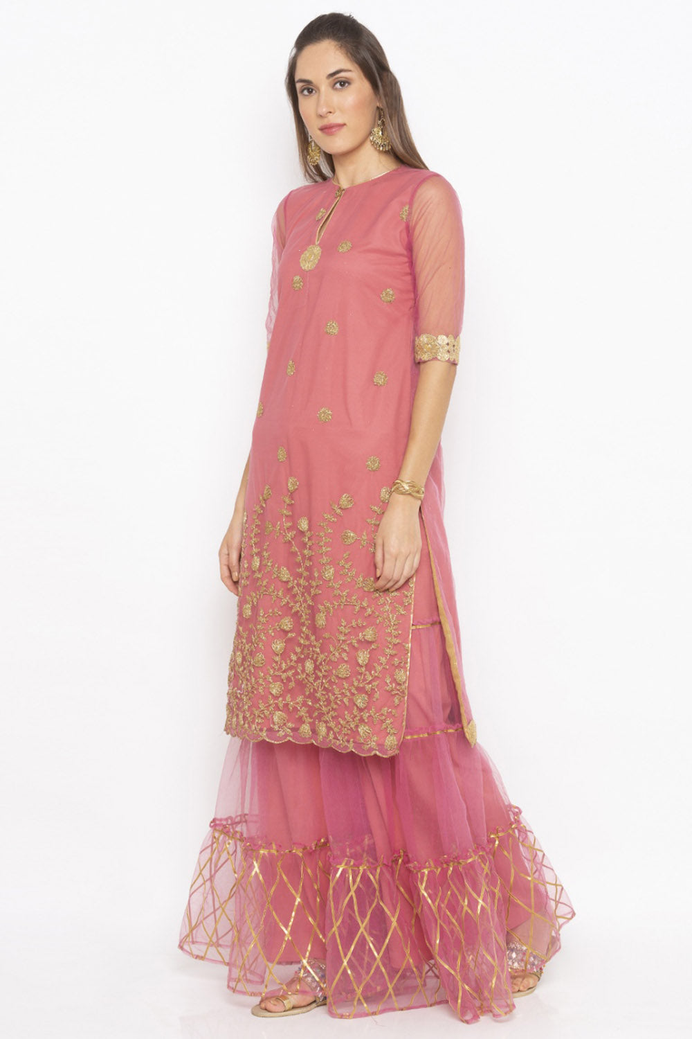 Net Straight Kurta Top In Pink