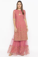 Net Straight Kurta Top In Pink