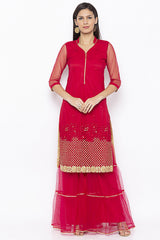 Net Straight Kurta Top In Maroon