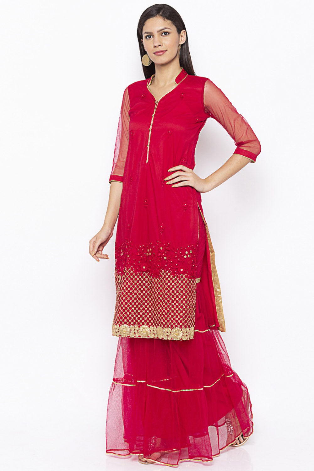 Net Straight Kurta Top In Maroon