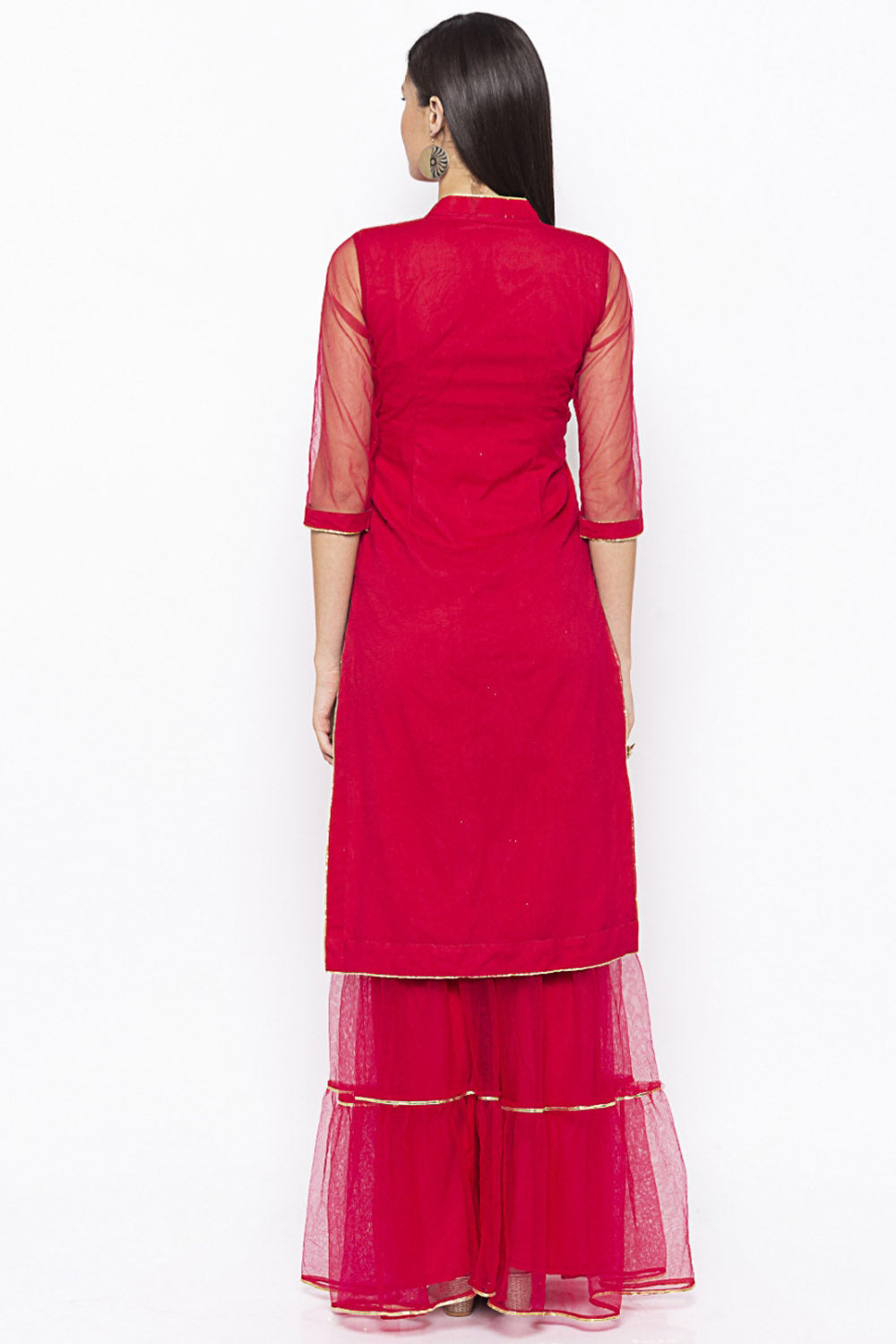 Net Straight Kurta Top In Maroon