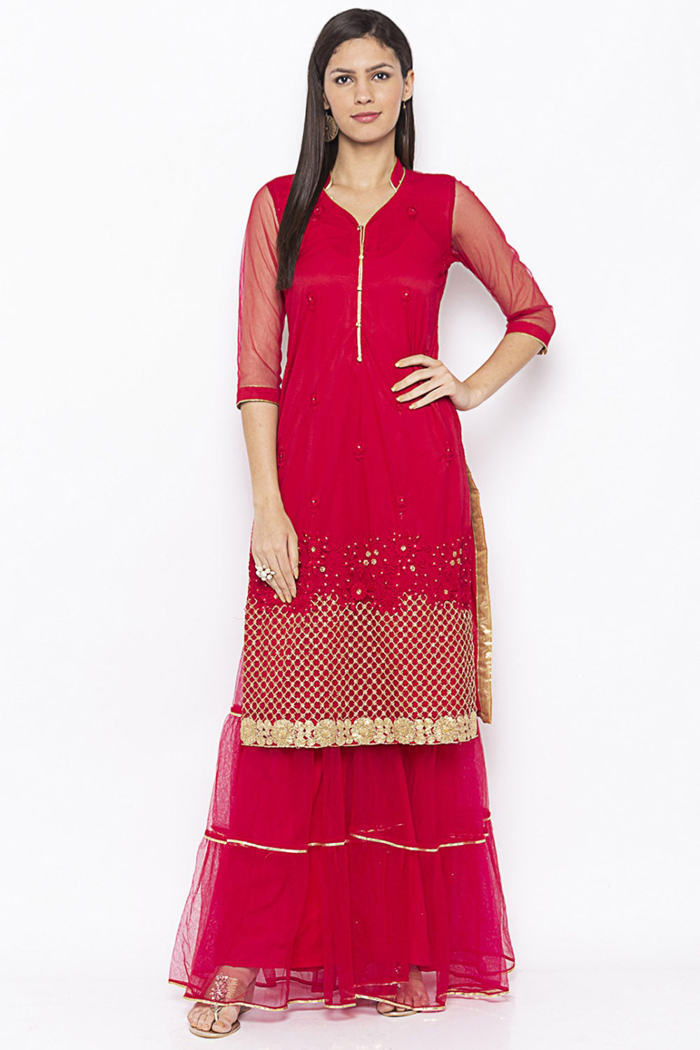 Net Straight Kurta Top In Maroon