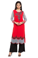 Faux Georgette Flared Kurta Top in Red