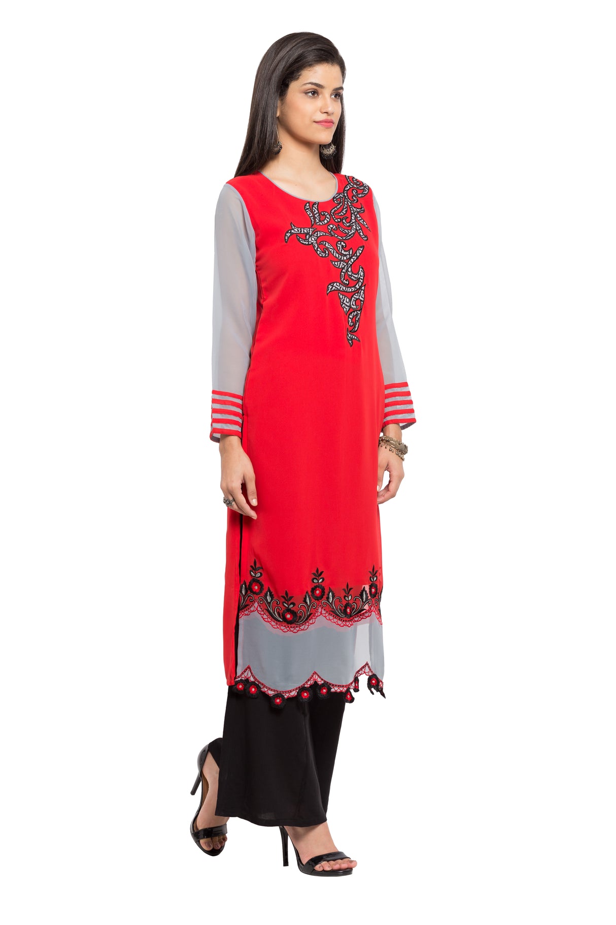 Faux Georgette Flared Kurta Top in Red