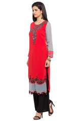 Faux Georgette Flared Kurta Top in Red