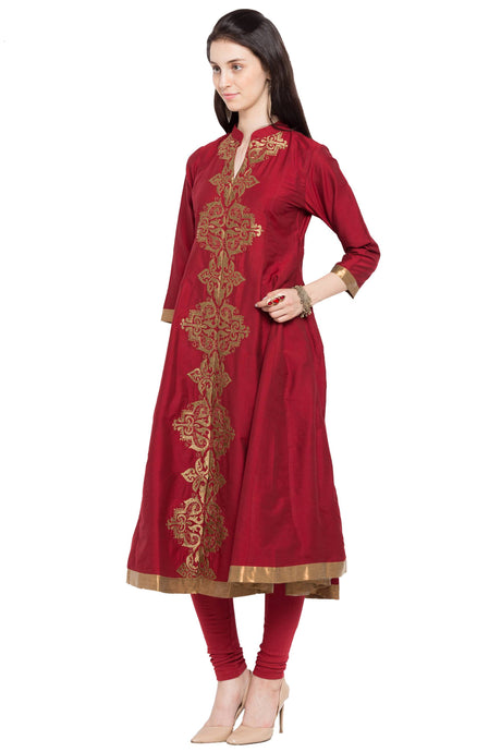 Cotton Art Silk Embroidered Kurta Top in Red - Right Side