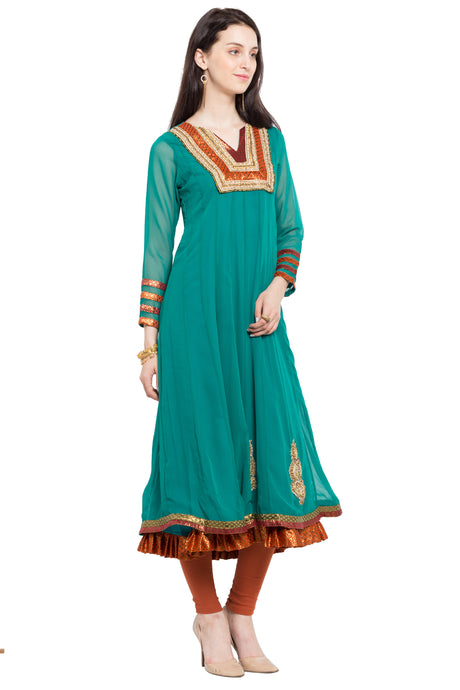 Faux Georgette Anarkali Kurta Top in Green