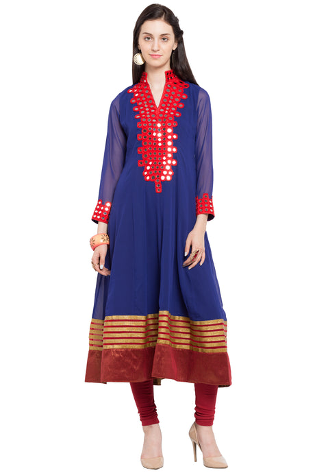 Faux Georgette Flared Kurta Top in Dark Blue