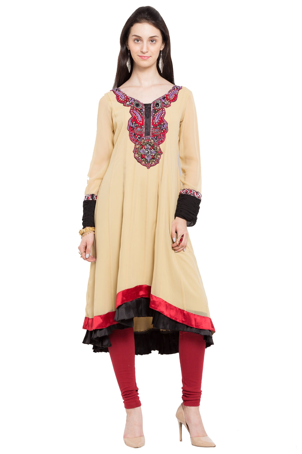 Faux Georgette Asymmetric Kurta Top in Beige