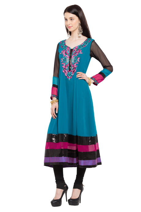 Faux Georgette Anarkali Kurta Top in Blue