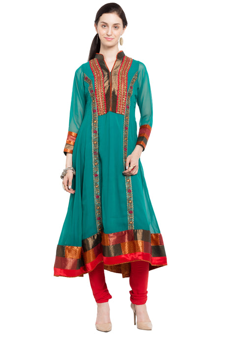 Faux Georgette Flared Kurta Top in Blue