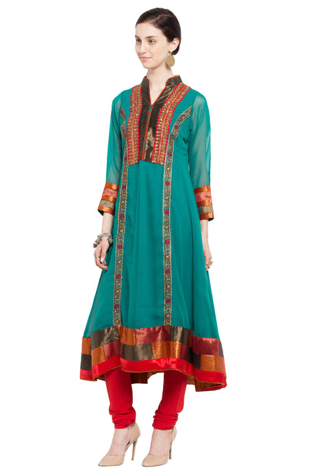 Faux Georgette Flared Kurta Top in Blue - Right Side