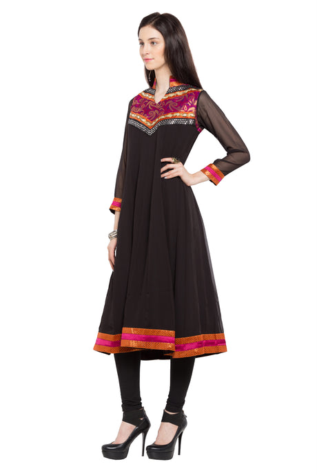 Faux Georgette Anarkali Kurta Top in Black