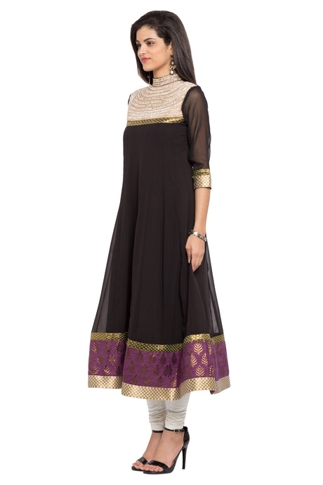 Faux Georgette Anarkali Kurta Top in Black