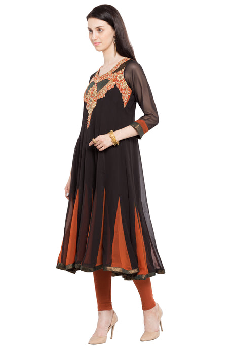 Faux Georgette Anarkali Kurta Top in Black