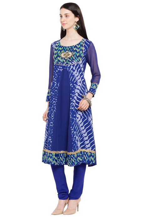 Faux Georgette Flared Kurta Top in Blue