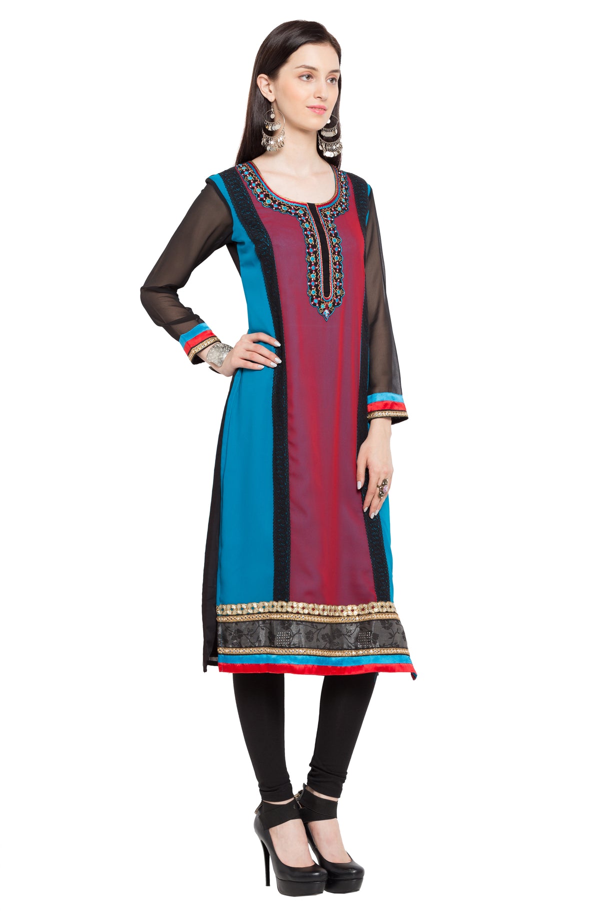 Faux Georgette Straight Kurta Top In Black