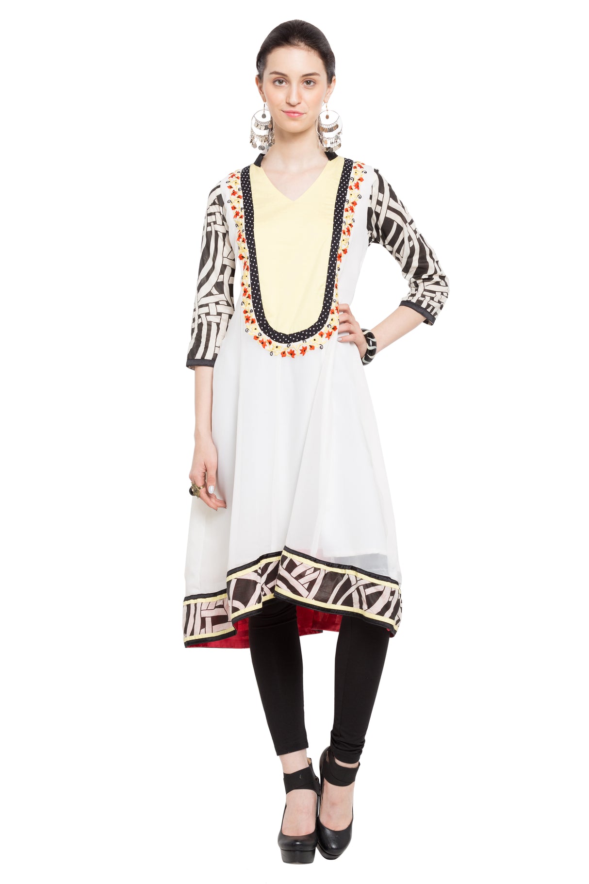 Blended Cotton Printed Kurta Top in White