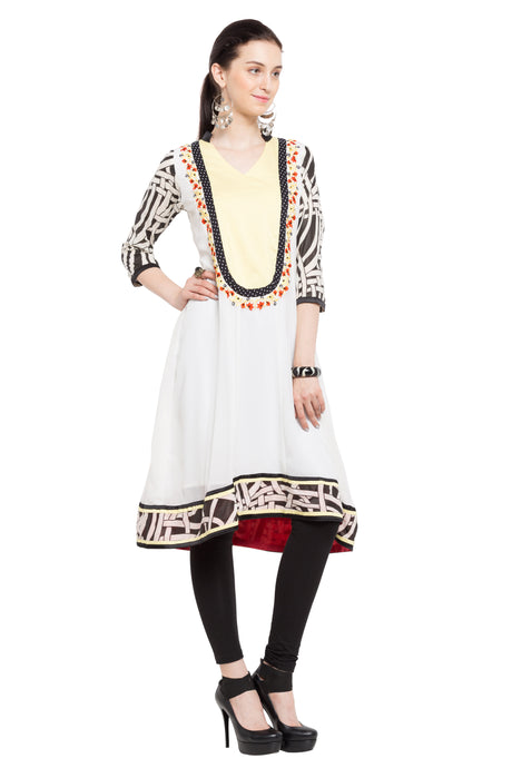 Blended Cotton Printed Kurta Top in White