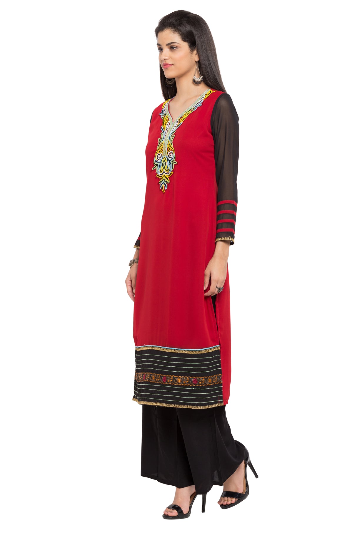 Faux Georgette Straight Kurta Top In Red