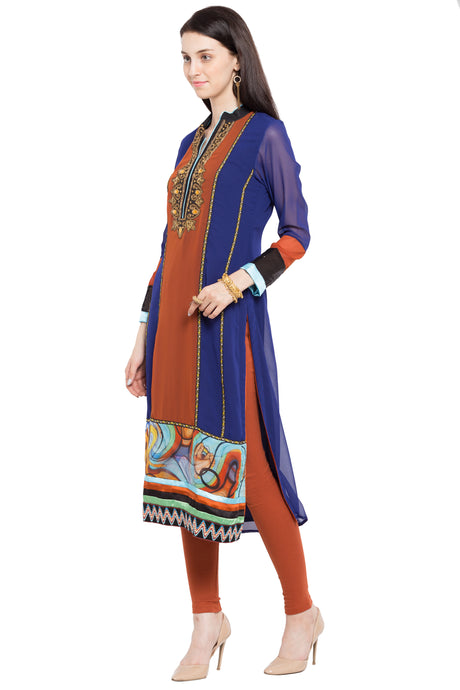 Faux Georgette Straight Kurta Top in Blue - Right Side