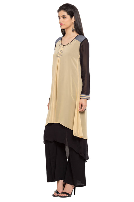 Faux Georgette High-Low Kurta Top in Beige