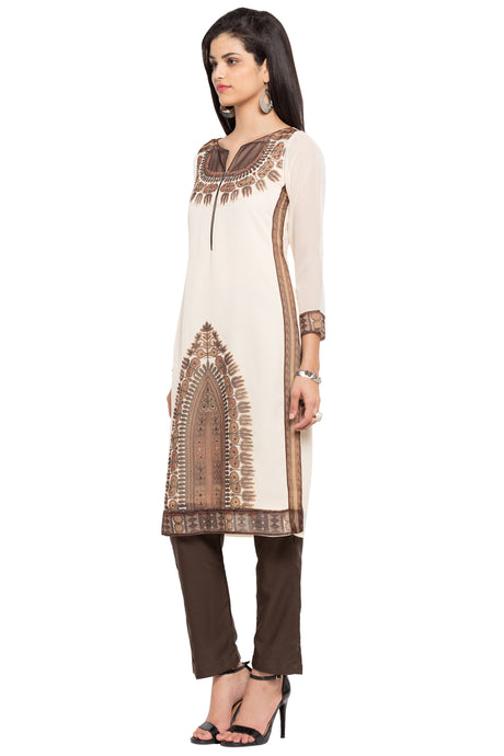 Faux Georgette Straight Kurta Top in Brown