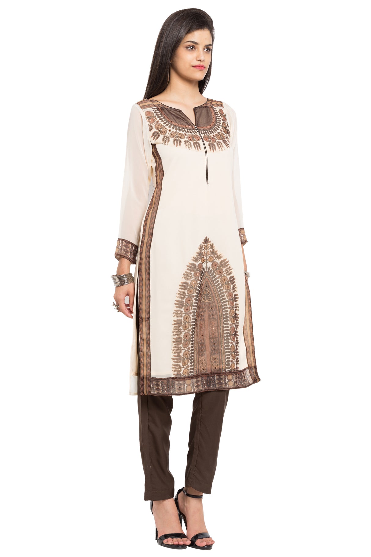 Faux Georgette Straight Kurta Top In Brown