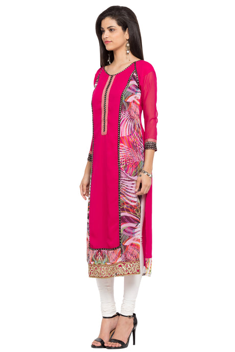 Faux Georgette Straight Kurta Top in Pink