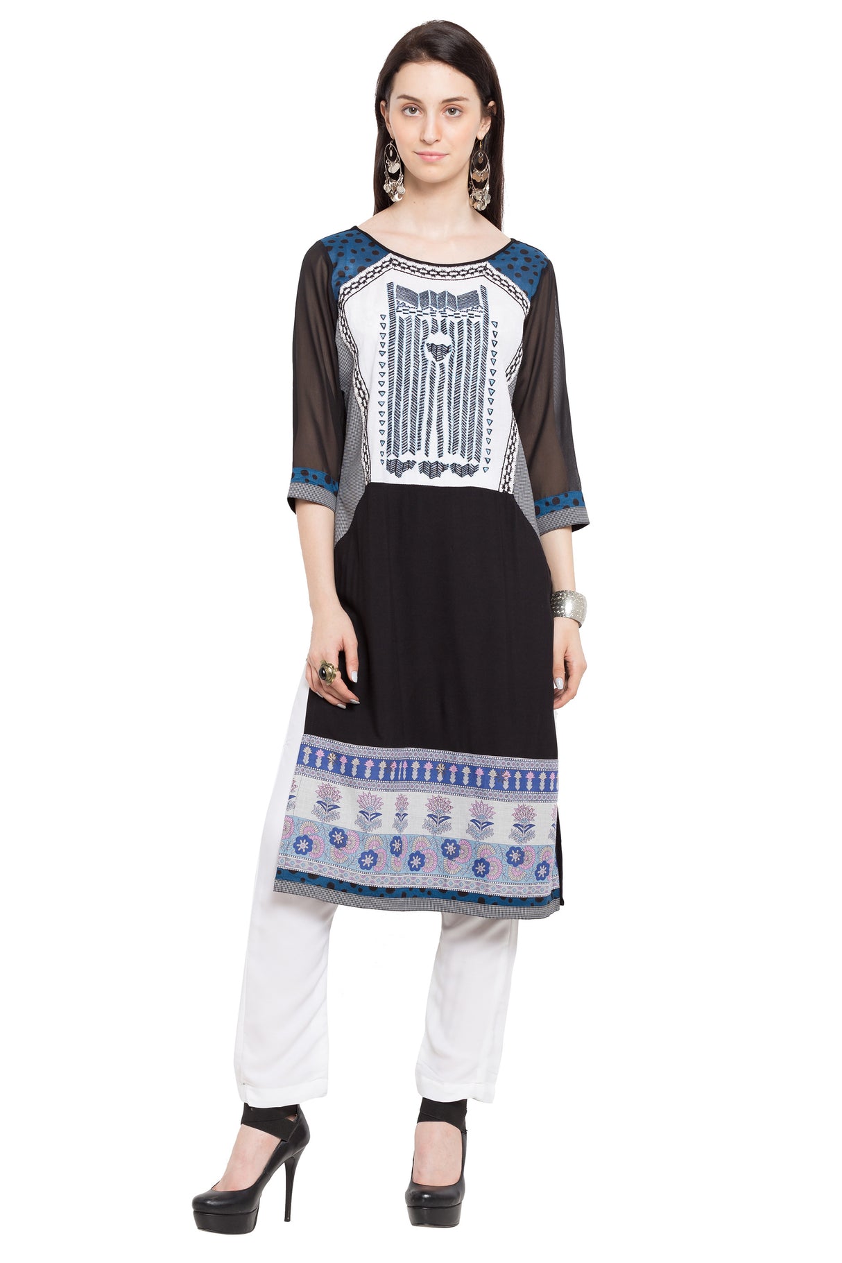 Faux Georgette Straight Kurta Top In Black