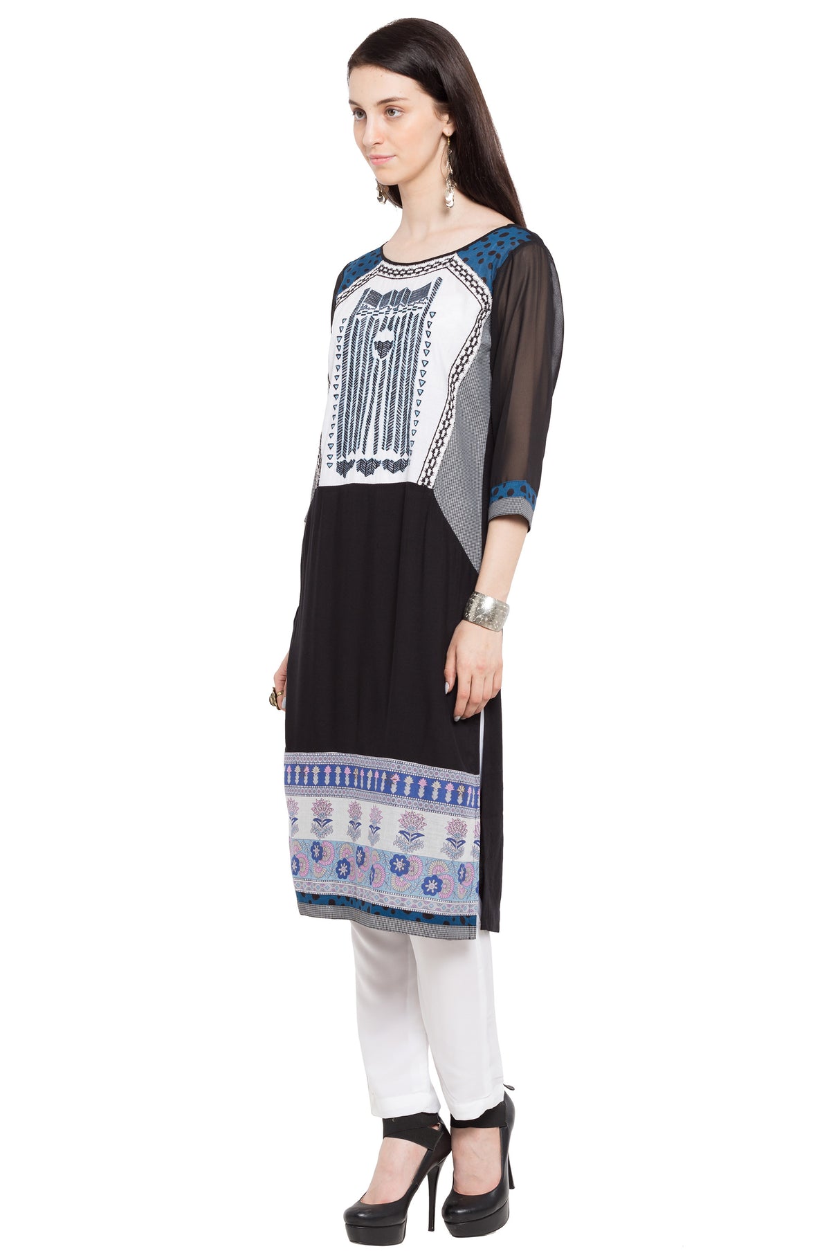 Faux Georgette Straight Kurta Top In Black